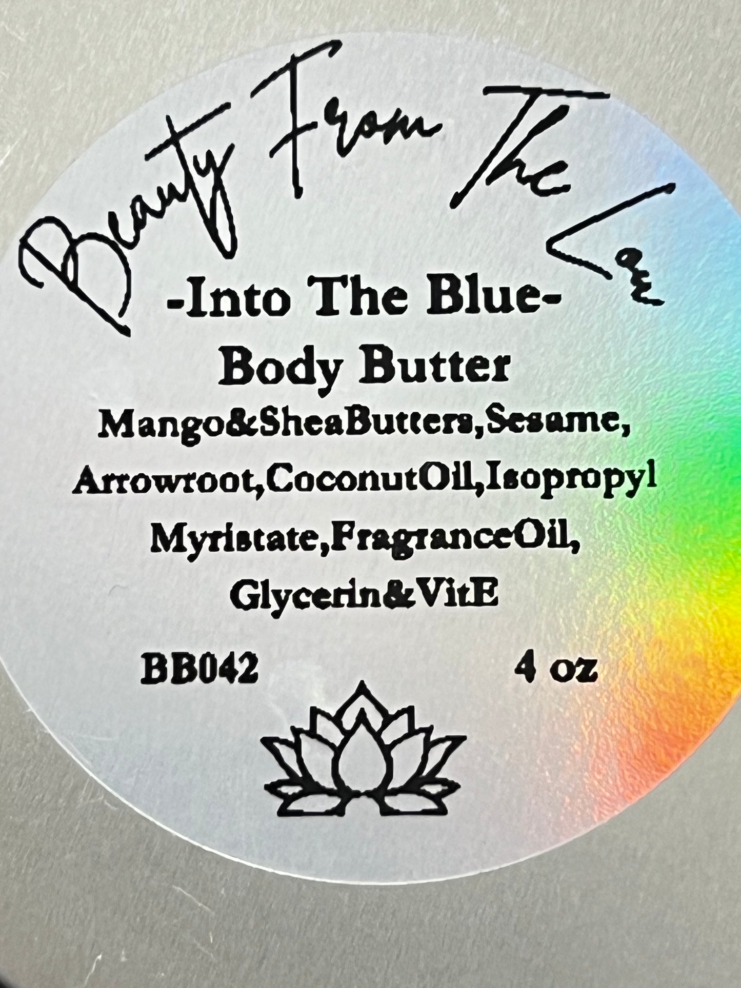 Round label with product details on a metallic surface