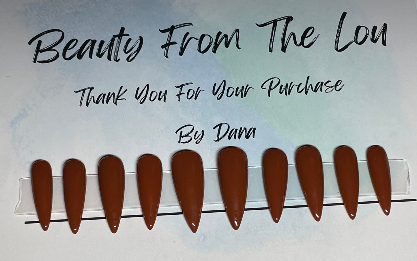 Size Large-Long Stiletto Hand Painted Nails, Dark Brown for a great fall color. Simple and elegant.