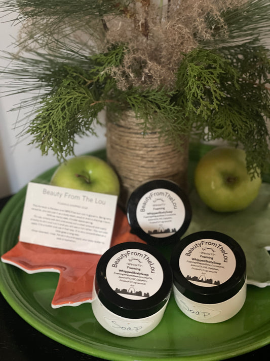 Handmade foaming natural whipped soap. 4 oz of skin loving lathery goodness. Use favorite all natural butter after shower for the maximum results.