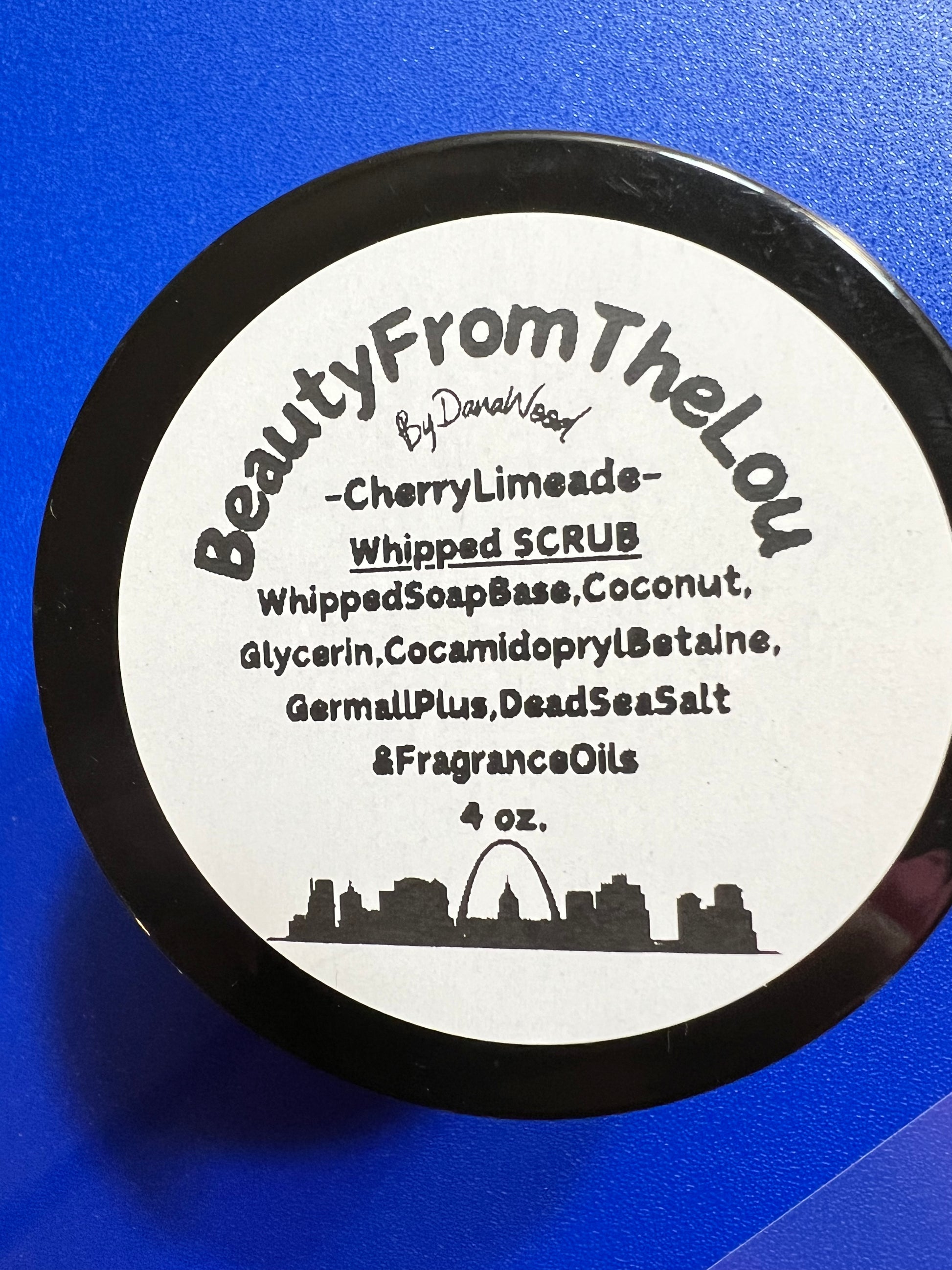 All natural hand whipped body dead sea salt scrub and the scent of cherries and limes.