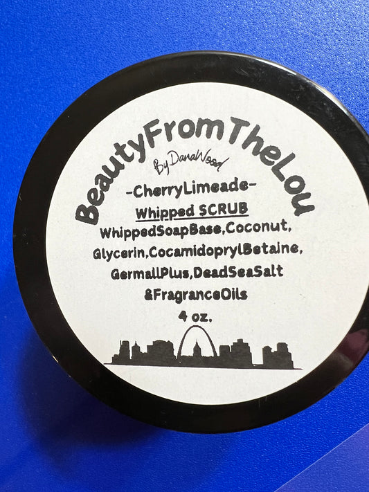 All natural hand whipped body dead sea salt scrub and the scent of cherries and limes.