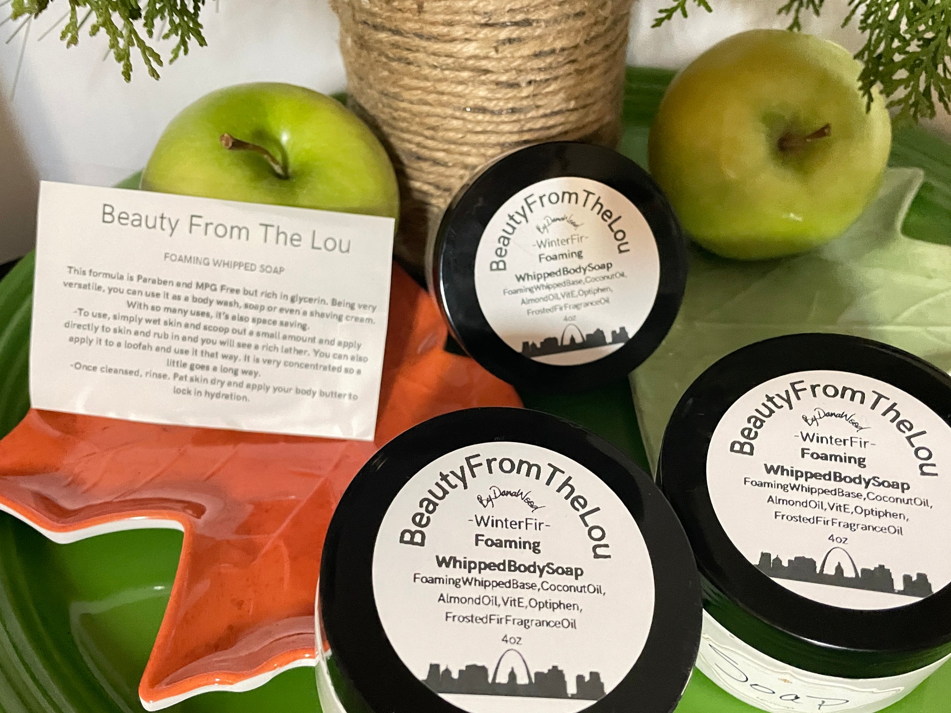 4 oz. of natural homemade whipped soap that you just scoop a small amount and goes a long way. 