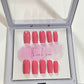 Set of 10 size extra small with medium length square light pink gel polish and no stain top coat. 