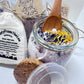 Bubbly Bath Salt for the ultimate relaxing bath of your life. A few dried flowers on the top include; Lavender buds, Calendula and Cornflower.