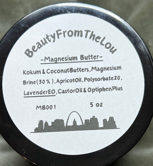 Magnesium butter in a 5 oz container for when you're feeling stressed or sore. Lavender is the scent of this particular product. 