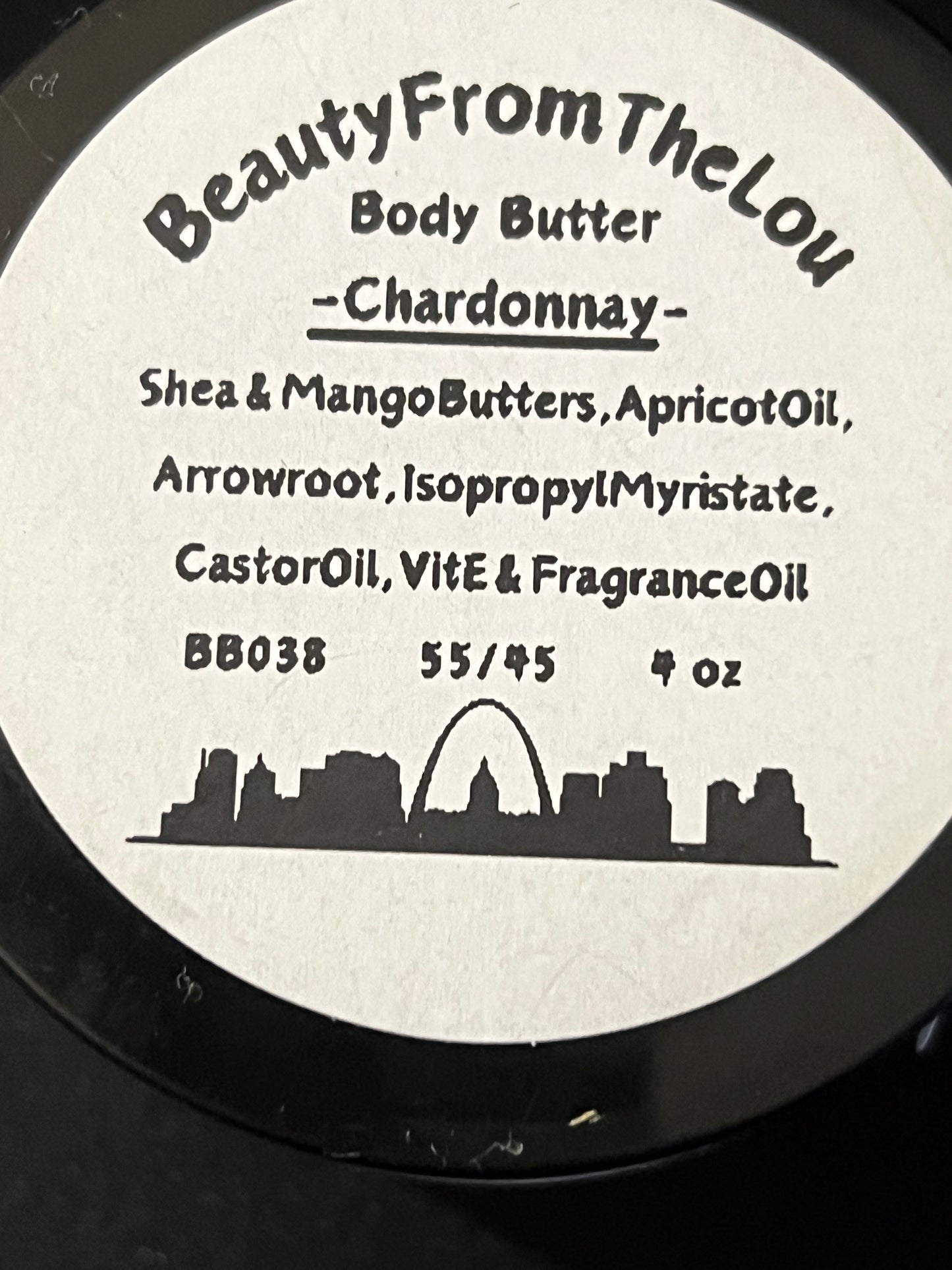 Round label with Chardonnay body butter ingredients