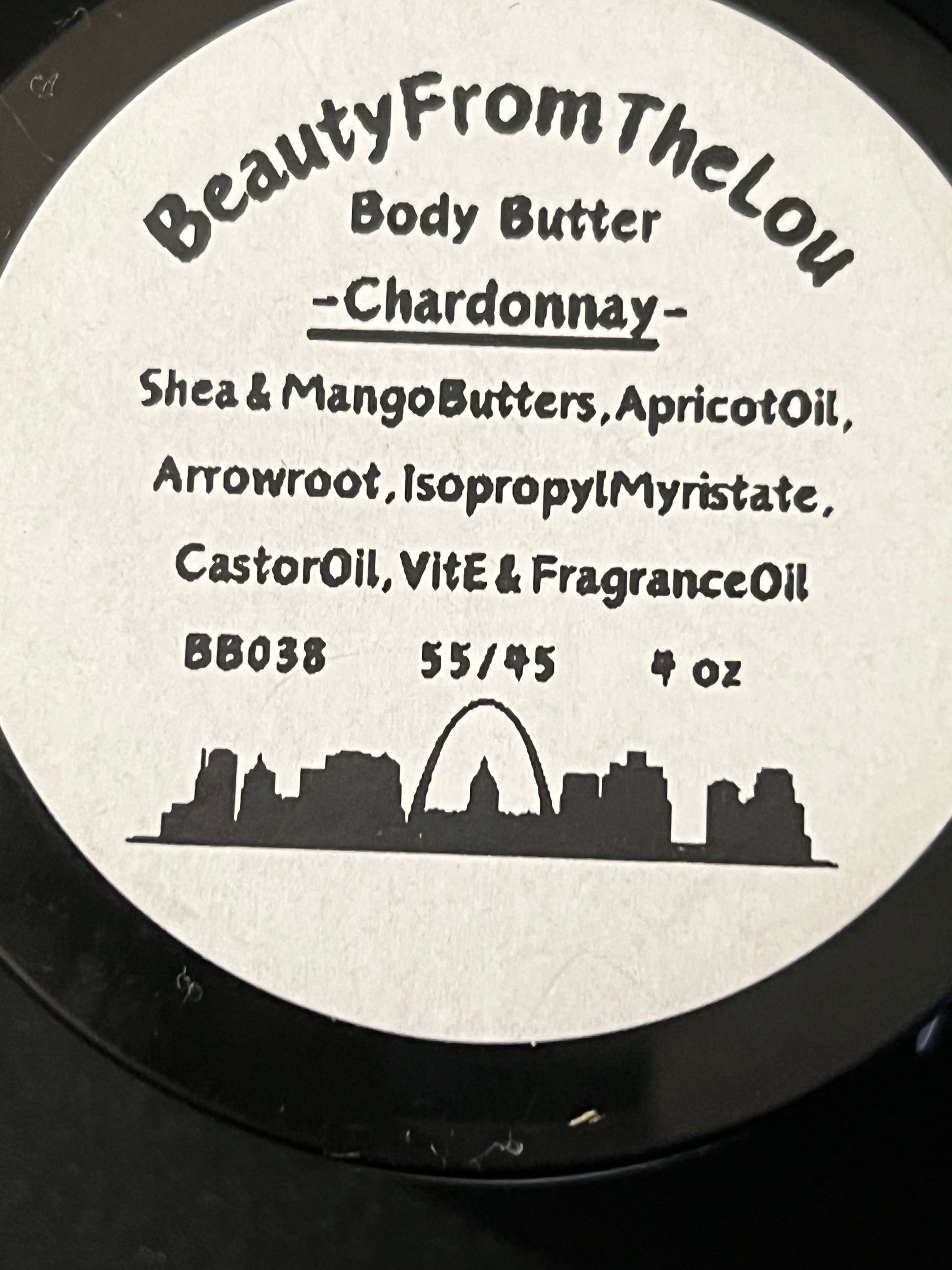 Round label with Chardonnay body butter ingredients