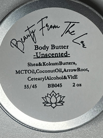 Close-up of a body butter label with branding and product details.