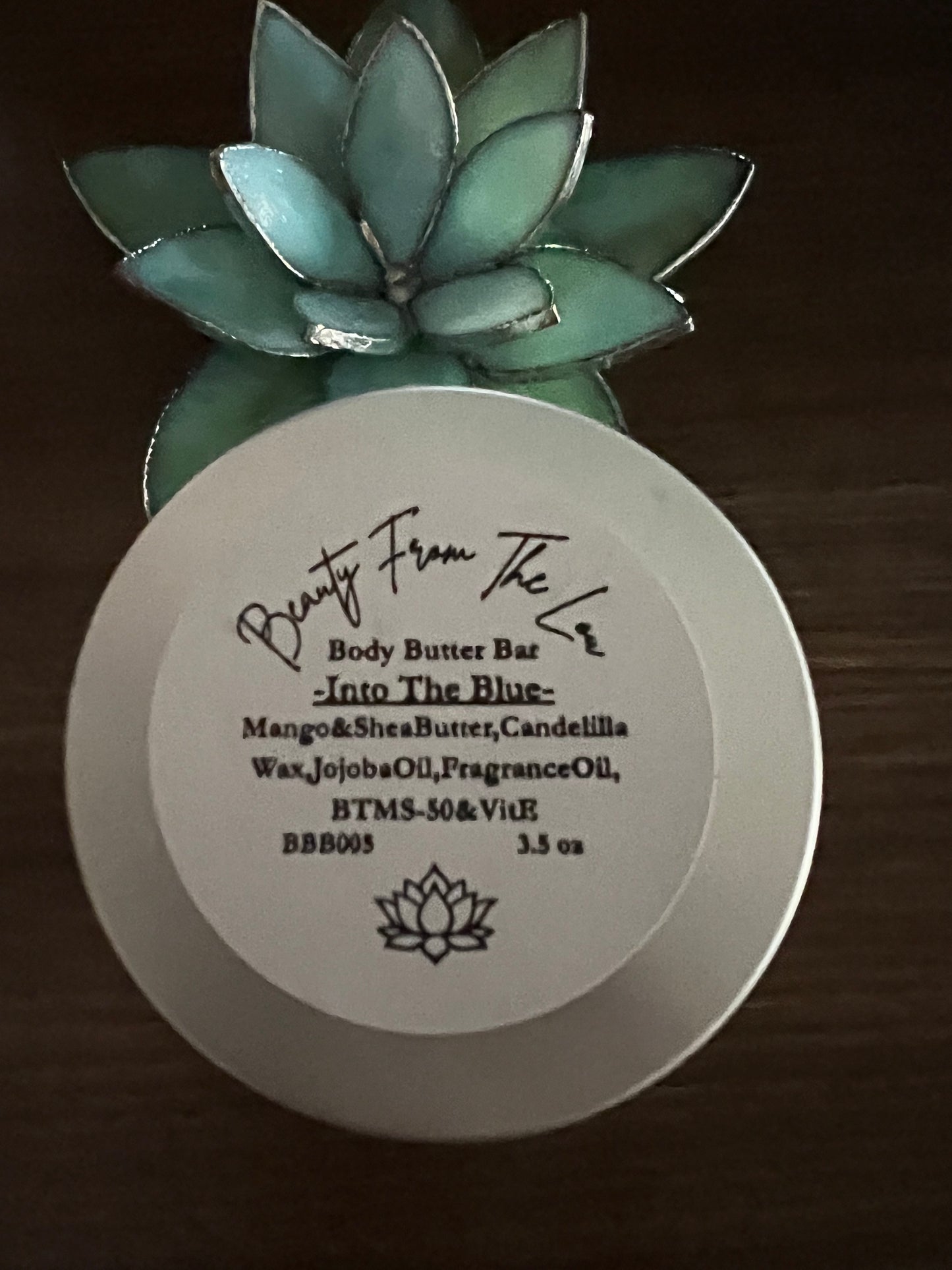 Round product label with text and a succulent plant on a dark surface