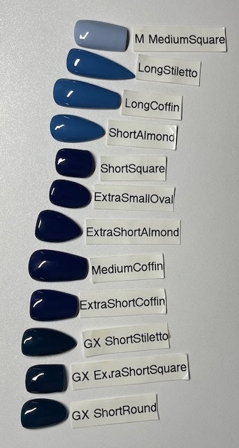Shapes and Lengths I currently have on hand. Medium square, long stiletto, long coffin, short almond, short square, extra small oval, extra short almond, medium coffin, extra short coffin, short stiletto, extra short square & short round. Professionally Painted Sets