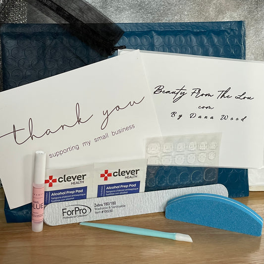 Nail Kit included with every full set purchase. Instructions for application and removal. A professional nail file, a buffer, cuticle pusher, alcohol wipes, tabs and glue.