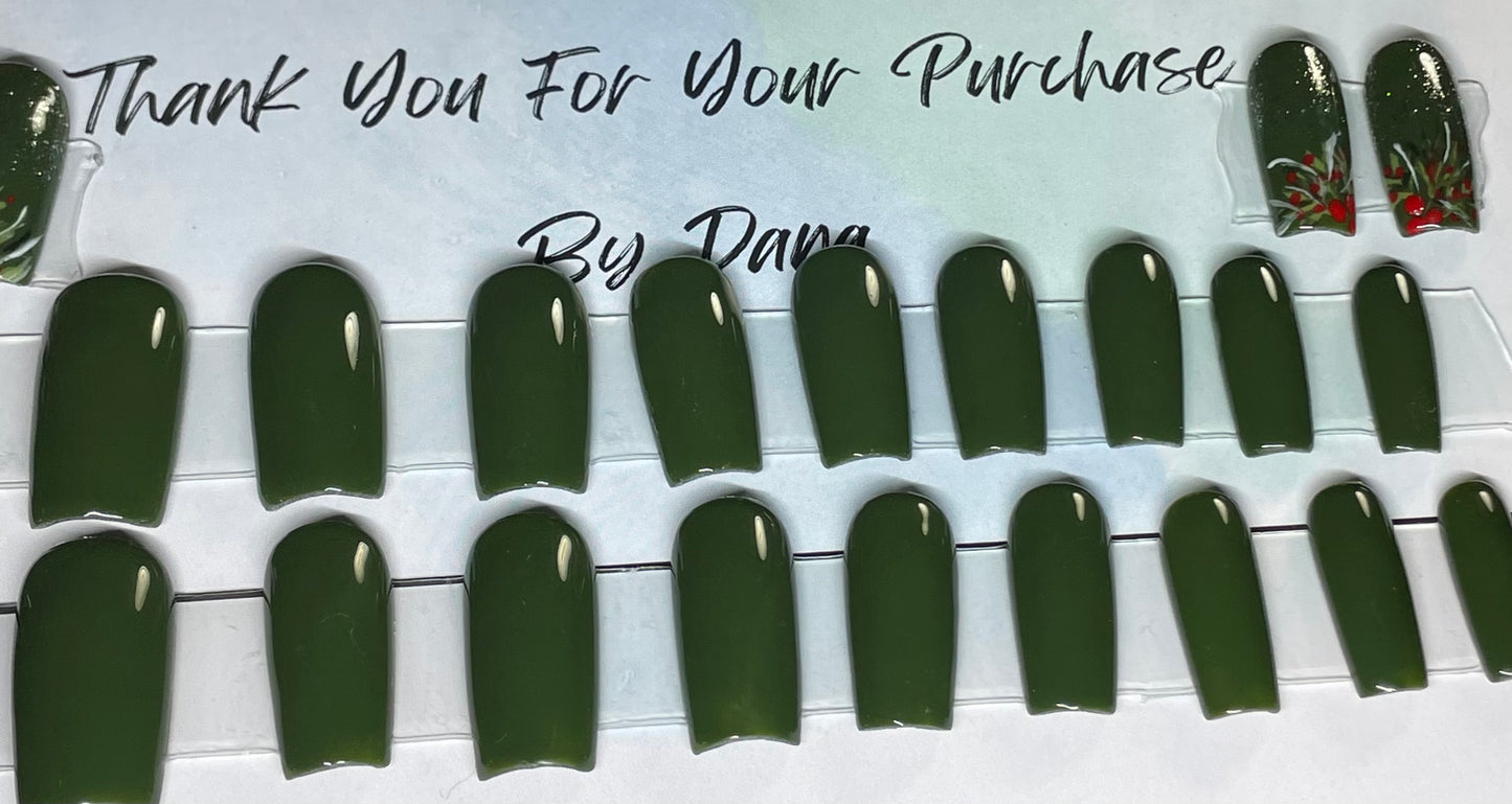 This Hand painted color is great for the holidays or for the fall and winter. There are 20 of the dark green and 4 additional accents so you can put them away and just wear them for Christmas. It's a forest green or maybe an evergreen shade. 